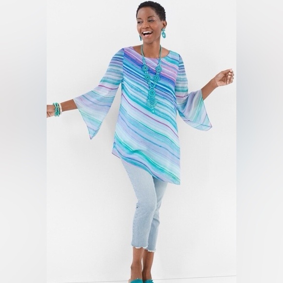 Chicos Asymmetrical Watercolor Stripe Layered Tunic - Picture 3 of 11